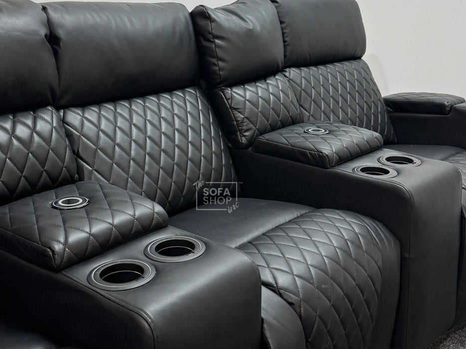 Venice Series One 3 Seater Electric Recliner Sofa & Cinema Seats Smart Cinema Sofa With Power, Massage & Console in Black Leather Aire - Minor Dent, Leather Creases & Ears are Missing - Second Hand Sofas 176