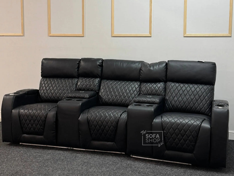 Venice Series One 3 Seater Electric Recliner Sofa & Cinema Seats Smart Cinema Sofa With Power, Massage & Console in Black Leather Aire - Minor Dent, Leather Creases & Ears are Missing - Second Hand Sofas 176