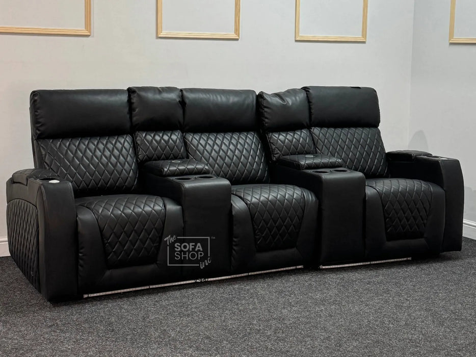 Venice Series One 3 Seater Electric Recliner Sofa & Cinema Seats Smart Cinema Sofa With Power, Massage & Console in Black Leather Aire - Minor Dent, Leather Creases & Ears are Missing - Second Hand Sofas 176