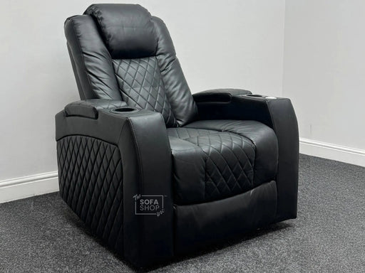 Pavia Electric Recliner Chair & Cinema Seat in Black Leather with USB & LED Lights & More - Leather Creases - Second Hand Chairs 209