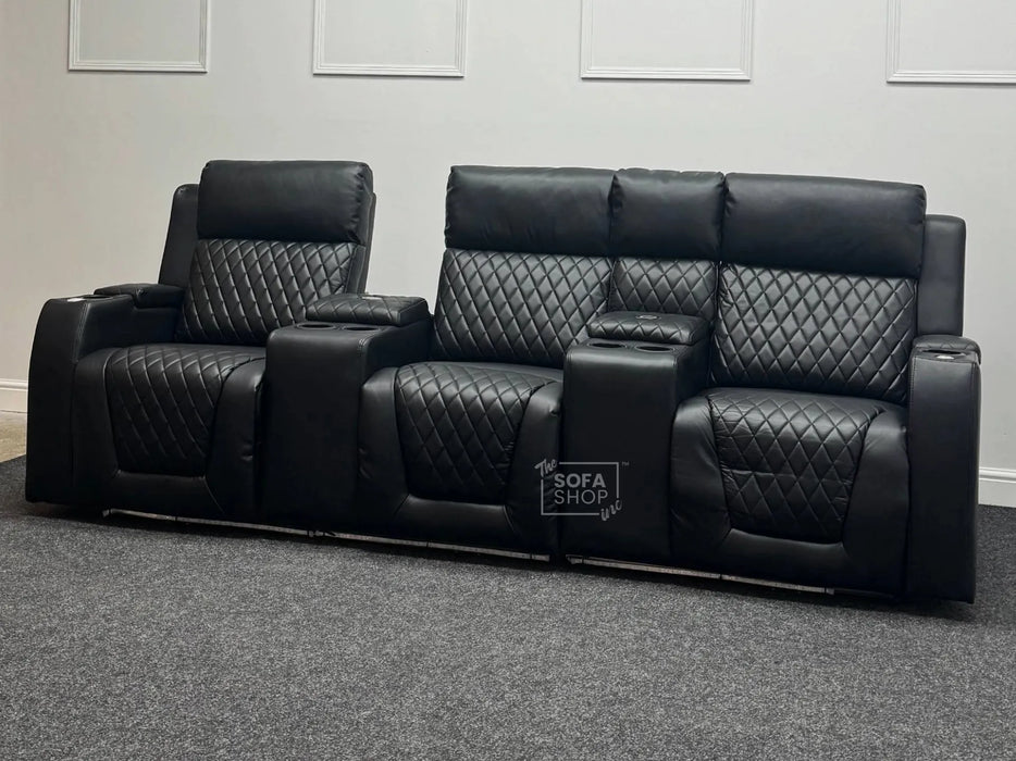 Venice Series One 3 Seater Electric Recliner Sofa & Cinema Seats Smart Cinema Sofa With Massage in Black Leather Aire - Missing Console Backrest - Ex Display Sofas 210