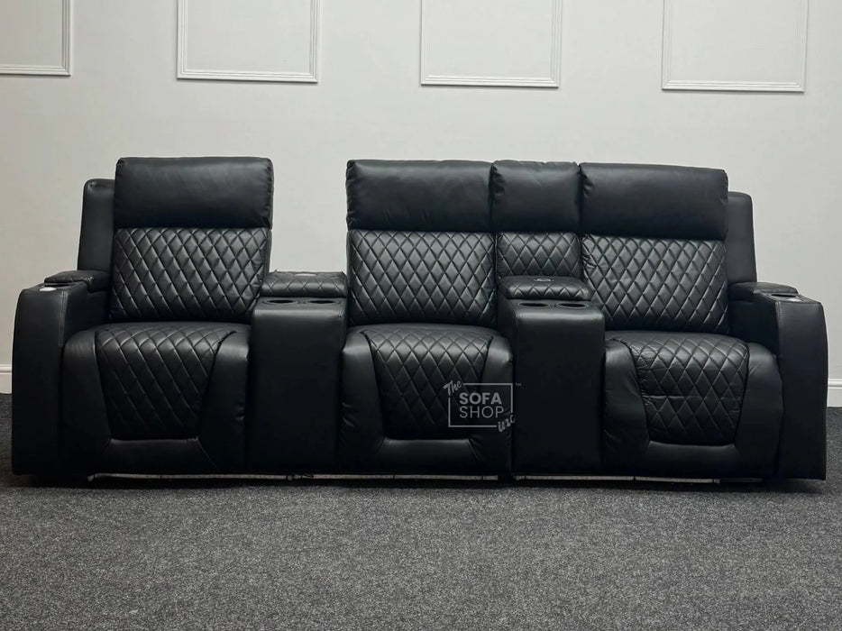 Venice Series One 3 Seater Electric Recliner Sofa & Cinema Seats Smart Cinema Sofa With Massage in Black Leather Aire - Missing Console Backrest - Ex Display Sofas 210