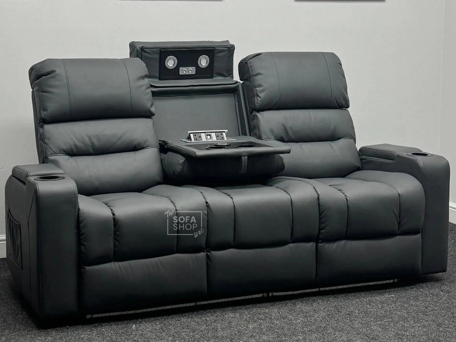 Siena 3 Seater Electric Recliner Sofa & Cinema Seats. Grey Leather Cinema Sofa with Console + Massage + Power Headrests - Scuffs on Both Panels & Missing Ears - Second Hand Sofas 233