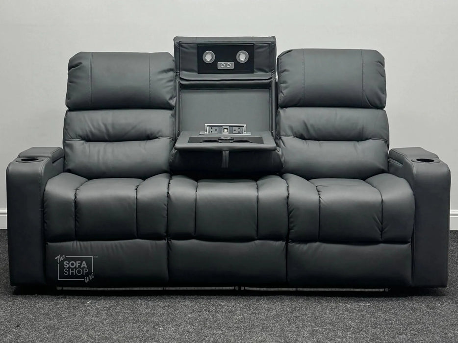 Siena 3 Seater Electric Recliner Sofa & Cinema Seats. Grey Leather Cinema Sofa with Console + Massage + Power Headrests - Scuffs on Both Panels & Missing Ears - Second Hand Sofas 233