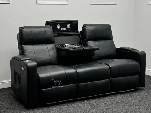 3 Seater Electric Recliner Cinema Sofa in Black Leather with USB Ports, Cup Holders, Massage & Wireless Charger -  Ex Display Sofas 236