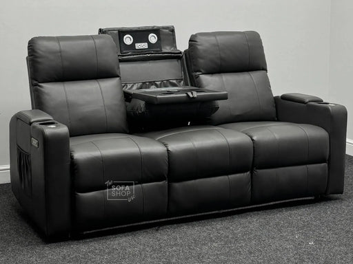 Modena 3 Seater Grey Leather Electric Sofa With Power Headrests & Console - Second Hand Sofas 267