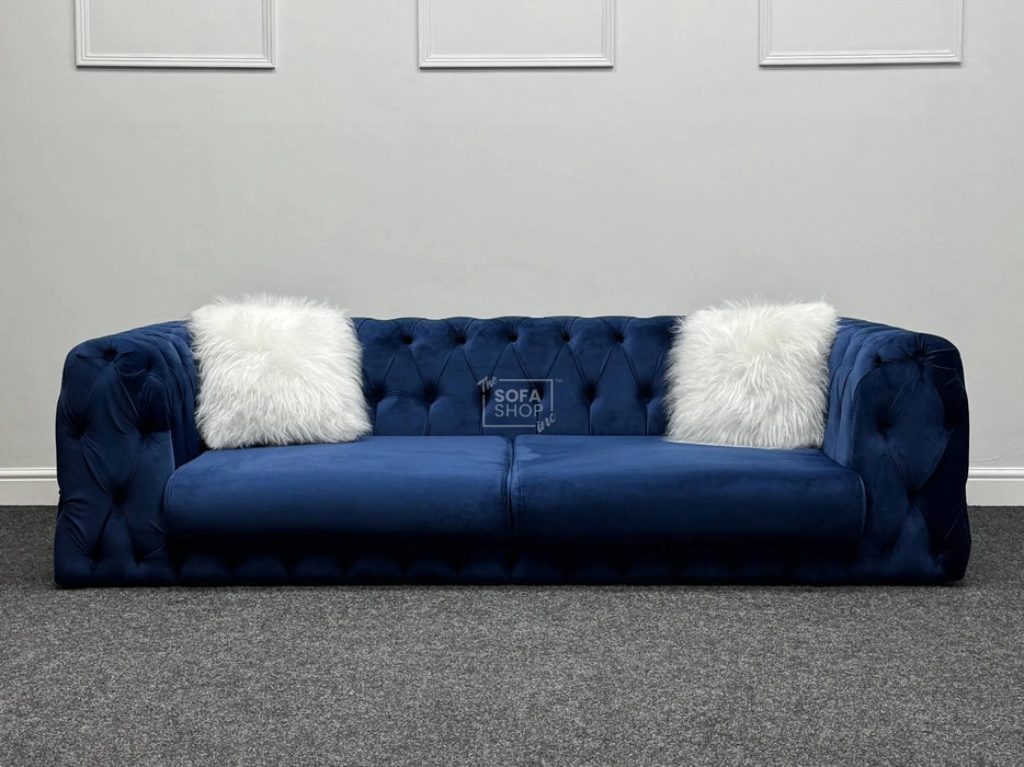 Sandringham 2 Seater Dark Blue Velvet Fabric Sofa with Pillows - Brand New Sample Sofas 276