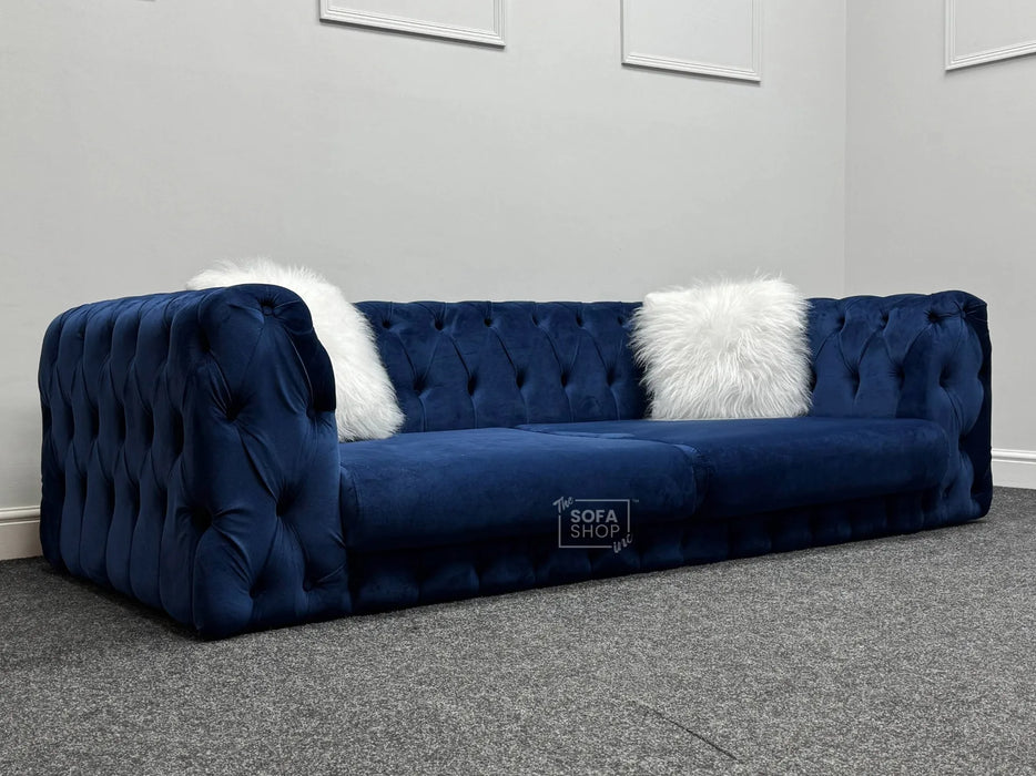 Sandringham 2 Seater Dark Blue Velvet Fabric Sofa with Pillows - Brand New Sample Sofas 276