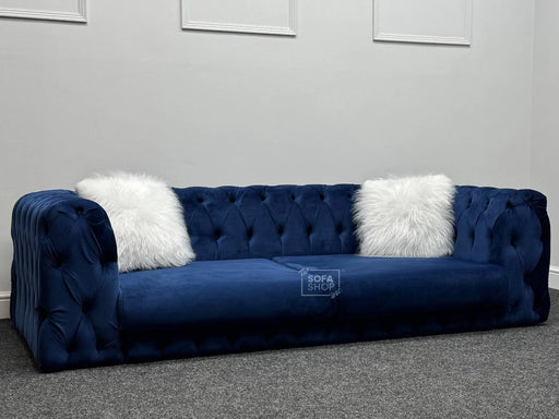 Sandringham 2 Seater Dark Blue Velvet Fabric Sofa with Pillows - Brand New Sample Sofas 276