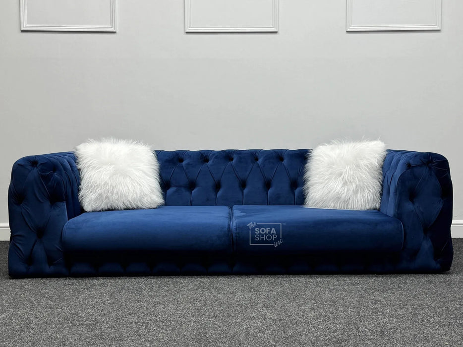 Sandringham 2 Seater Dark Blue Velvet Fabric Sofa with Pillows - Brand New Sample Sofas 276