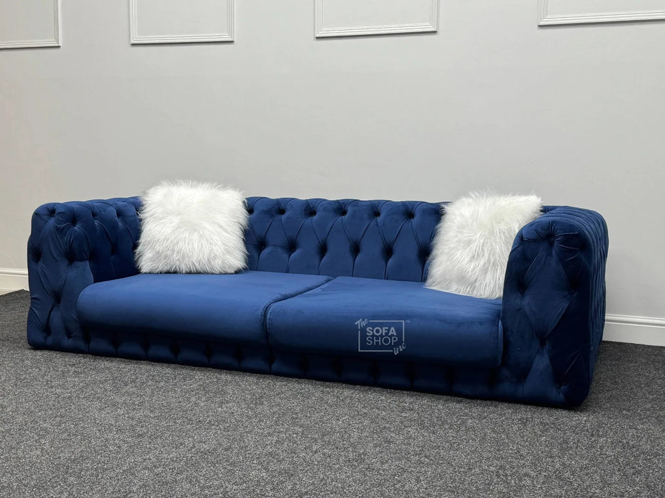 Sandringham 2 Seater Dark Blue Velvet Fabric Sofa with Pillows - Brand New Sample Sofas 276