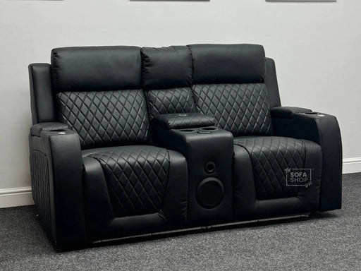 Venice Series One 2 Seater Electric Recliner Sofa & Cinema Seats in Black Leather. Smart Cinema Sofa With Power, Massage, Console & Speakers - Minor Hole at The Back - Second Hand Sofas 277