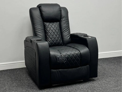 Pavia Electric Recliner Chair & Cinema Seat in Black Leather with USB, Drinks Holder, Table & Lights - Second Hand Chairs 278