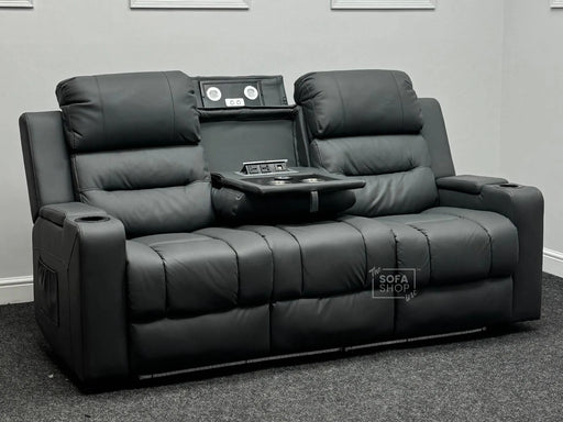 Siena 3 Seater Electric Recliner Sofa & Cinema Seats. Grey Leather Cinema Sofa with Console + Massage + Power Headrests - Ex Display Sofas 231