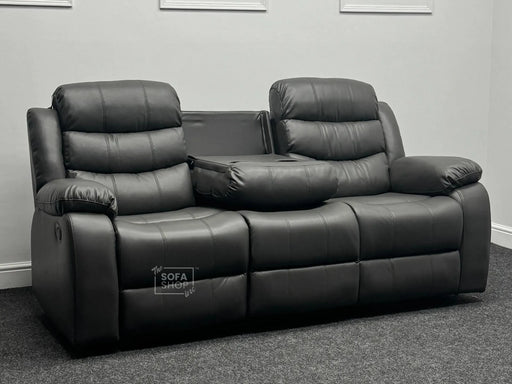 Sortino 3 Seater Recliner Sofa in Grey Leather with Drop-Down Table & Cup Holders - Second Hand Sofas 273