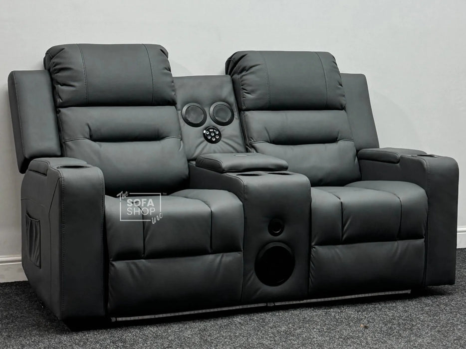 Second Hand Sofas 2 Seater Electric Recliner Sofa & Cinema Seats in Grey Leather. Smart Cinema Sofa With Power Functions, Console , Massage Seats & Speakers - Small Scuff at Back - Siena 143