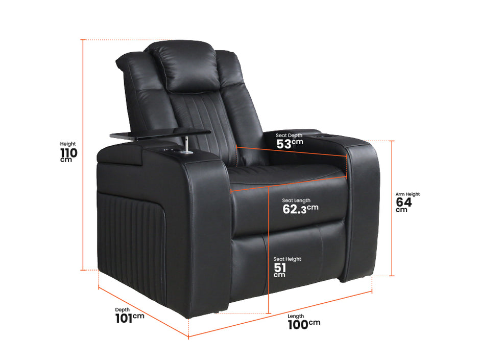 Electric Recliner Chair & Cinema Seat in Black Leather + Massage + Cup Holders + Table - Capri