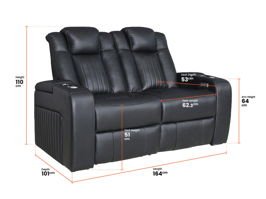 2+1 Electric Recliner Cinema Sofa Set in Black Real Leather with USB Ports, Cup Holders, Storage Boxes & Wireless Charger  - Capri