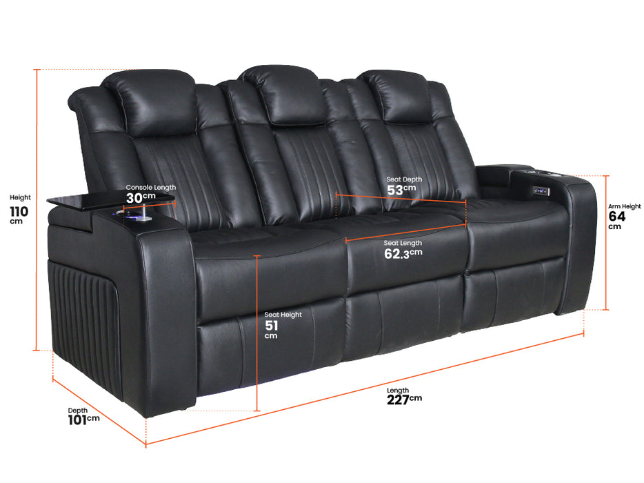 3+1 Electric Recliner Sofa Set and Cinema Sofa Seats Package in Black Real Leather. Suite with USB, Storage, and Charger - Capri