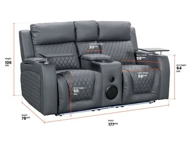 2-Seater Electric Recliner with Power, Massage, and Console | Smart Cinema Sofa in Grey Leather | Venice | Sofa Sale