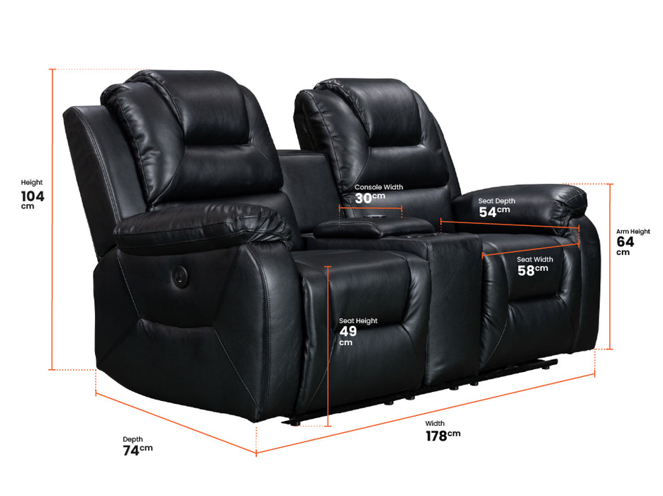 dimension of electric recliner sofa in black leather | Vancouver 