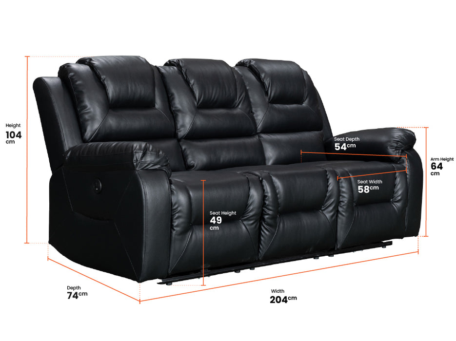 Dimension Picture of 3 seater sofa electric recliner in black leather | Vancouver
