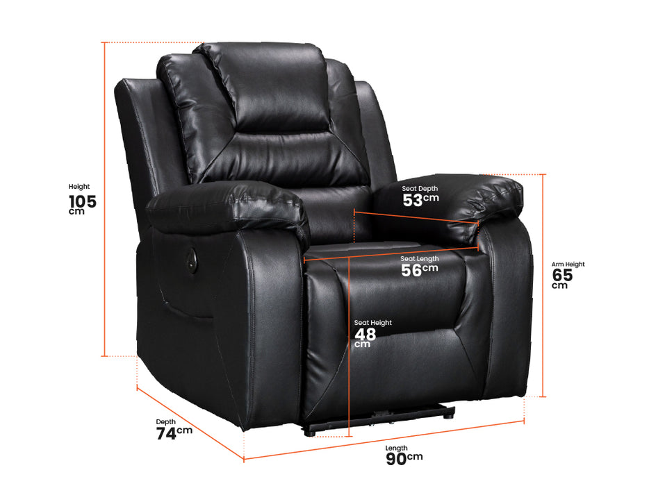 Electric Recliner Chair in Black Leather with USB Port - Vancouver