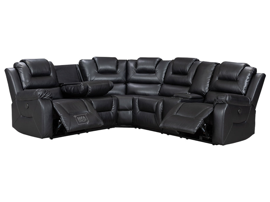 Electric Recliner Corner Sofa and Chair Set in Black Leather with Console, Cup Holders & USB Ports - Veneto