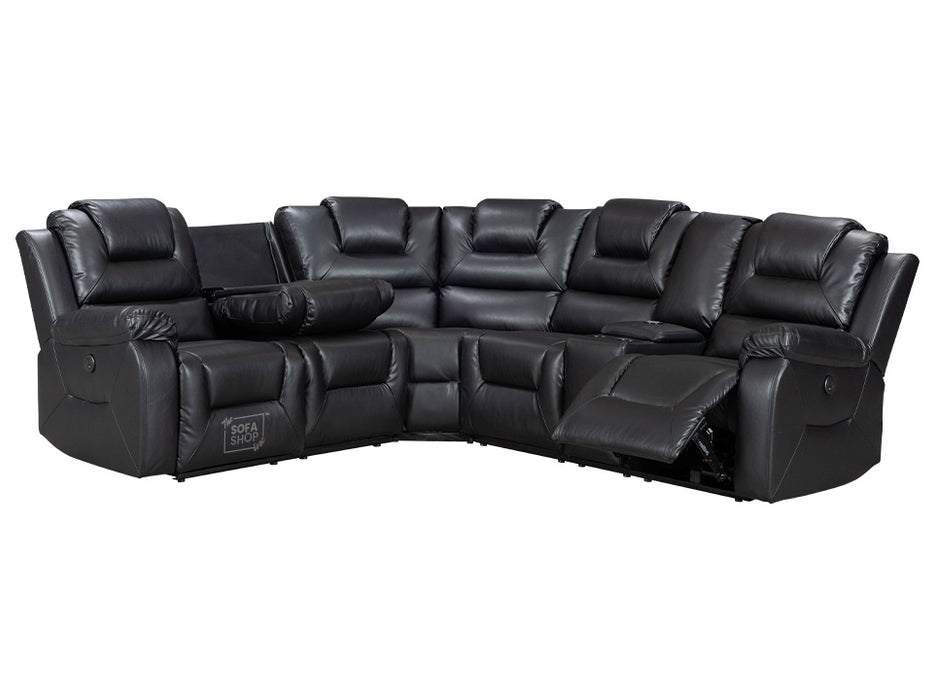 Electric Recliner Corner Sofa and Chair Set in Black Leather with Console, Cup Holders & USB Ports - Veneto