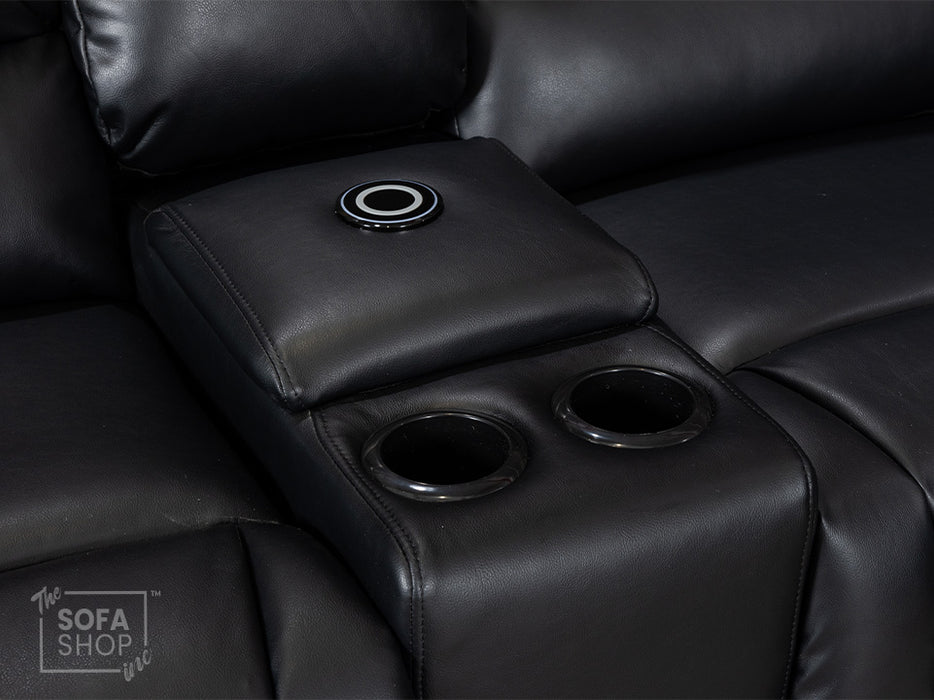 Electric Recliner Corner Sofa in Black Leather | Console, Storage, USB, Wireless Charger & Cup Holders | Veneto | Sofa Sale