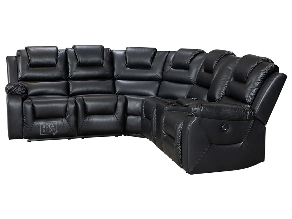 Electric Recliner Corner Sofa and Chair Set in Black Leather with Console, Cup Holders & USB Ports - Veneto