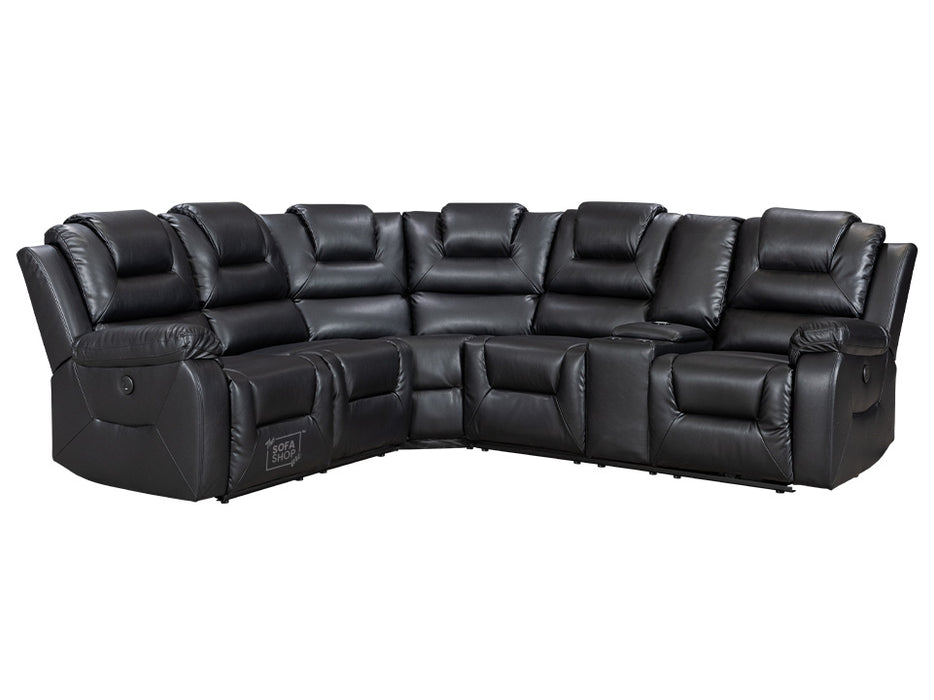 Electric Recliner Corner Sofa and Chair Set in Black Leather with Console, Cup Holders & USB Ports - Veneto