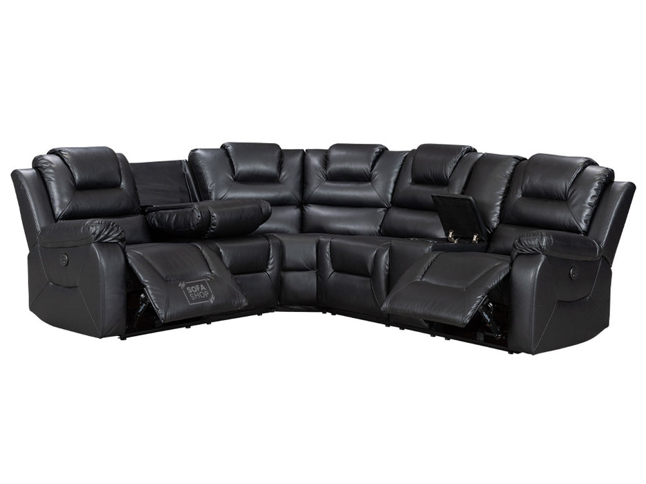 Electric Recliner Corner Sofa and Chair Set in Black Leather with Console, Cup Holders & USB Ports - Veneto