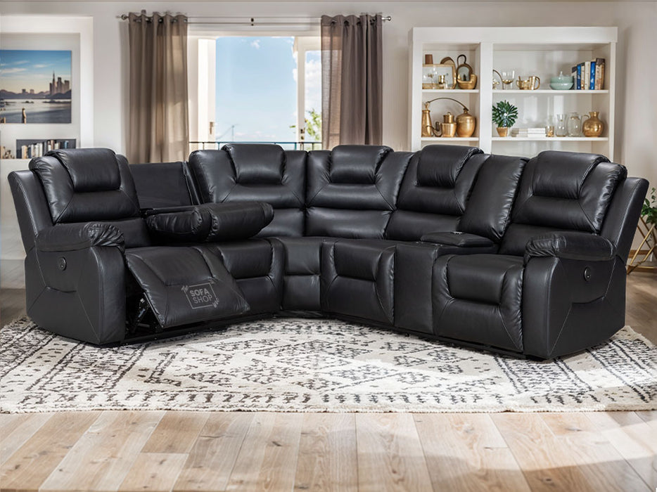 Veneto Electric Recliner Corner Sofa in Black Leather with Console, Storage, USB, Wireless Charger & Cup Holders