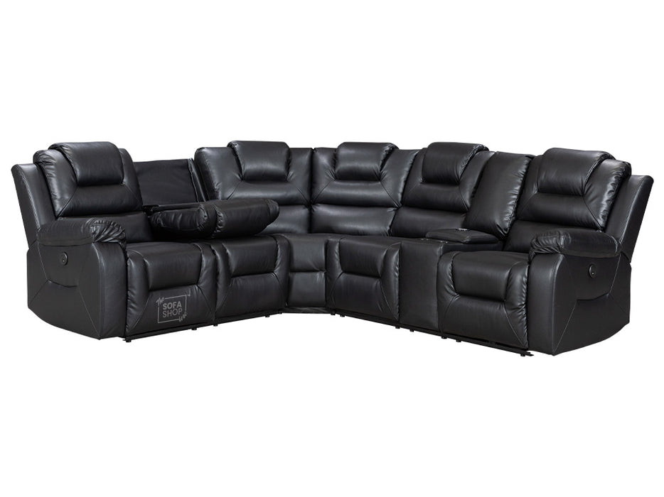 Veneto Electric Recliner Corner Sofa in Black Leather with Console, Storage, USB, Wireless Charger & Cup Holders