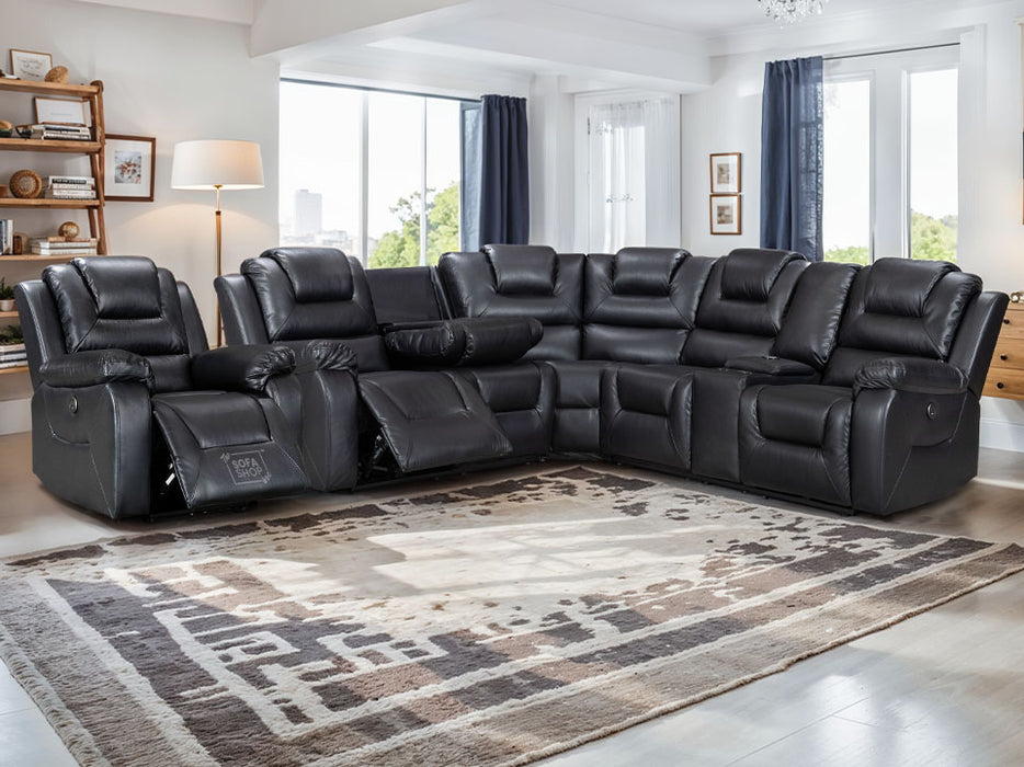 Electric Recliner Corner Sofa and Chair Set in Black Leather with Console, Cup Holders & USB Ports - Veneto