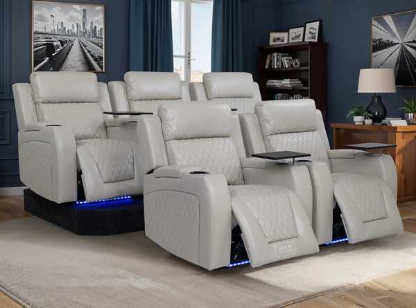 Row of 5 Electric Home Cinema Seats in Cream Leather Aire, With Recliner, Massage Seats, Removable Table, USB, Lights & Chilled Cupholders - Venice Series One