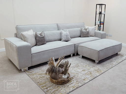 4 Seater Fabric Sofa in Soft Cosy Beige Fabric Including Matching Extra-Wide Footstool - Attachable To Make Sofa-Bed or as Additional Seating | Vicenza - Sofa Sale