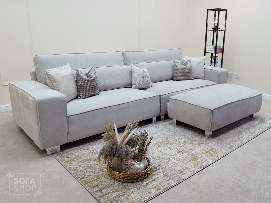 4 Seater Fabric Sofa in Beige - Matching Extra Wide Footstool / Additional Seating - Vicenza