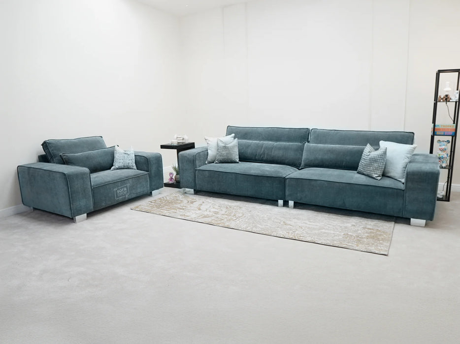 4 Seater Sofa and Chair in Grey Fabric - Matching Extra Wide Footstool - Vicenza