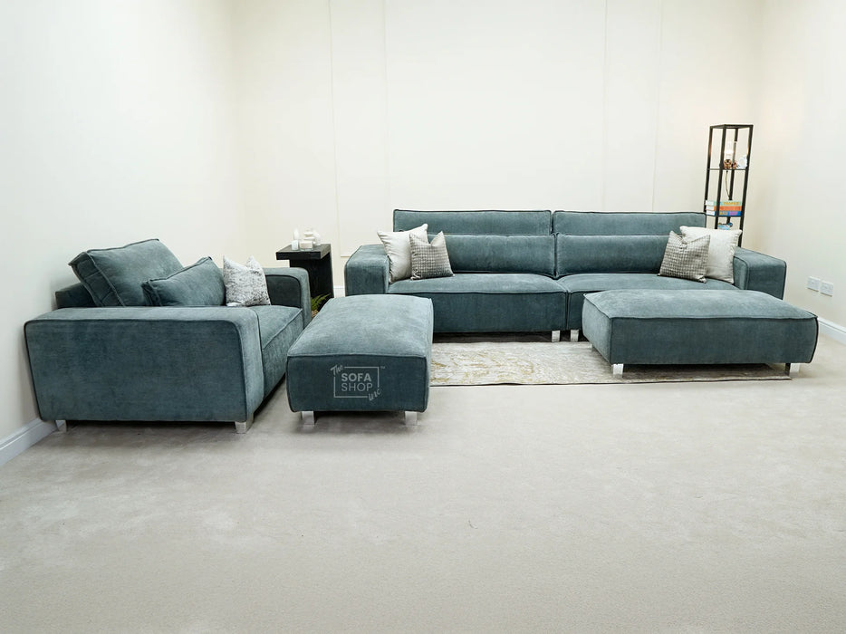 4 Seater Sofa and Chair in Grey Fabric - Matching Extra Wide Footstool - Vicenza