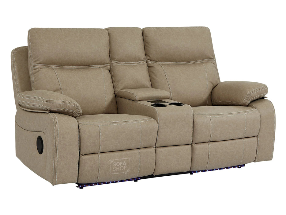 2 Seater Recliner Cinema Sofa In Beige Resilience Fabric With White Stitching, Power Headrest, Speaker, Chilled Cup Holders & Storage Box - Vinsonova