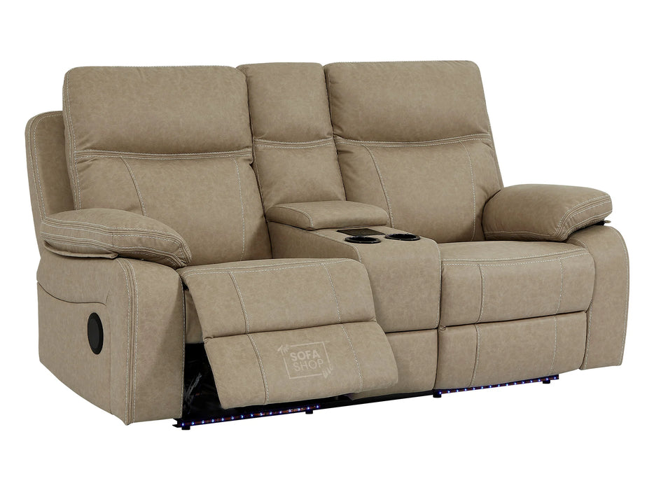 2 Seater Recliner Cinema Sofa In Beige Resilience Fabric With White Stitching, Power Headrest, Speaker, Chilled Cup Holders & Storage Box - Vinsonova