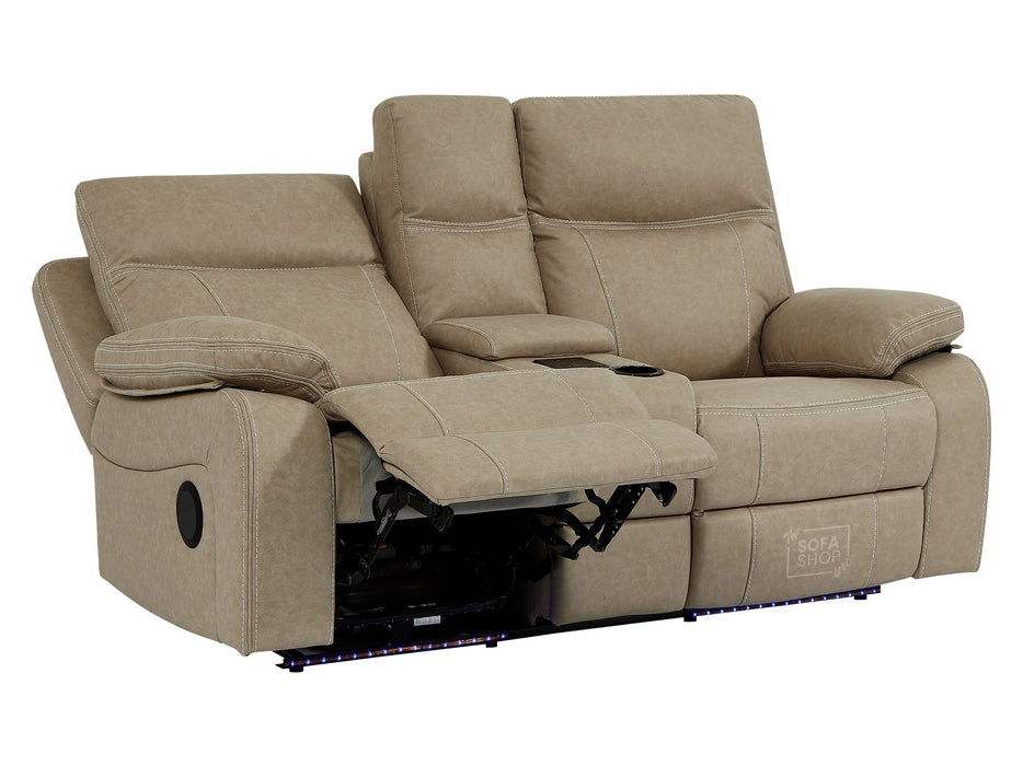 2 Seater Recliner Cinema Sofa In Beige Resilience Fabric With White Stitching, Power Headrest, Speaker, Chilled Cup Holders & Storage Box - Vinsonova