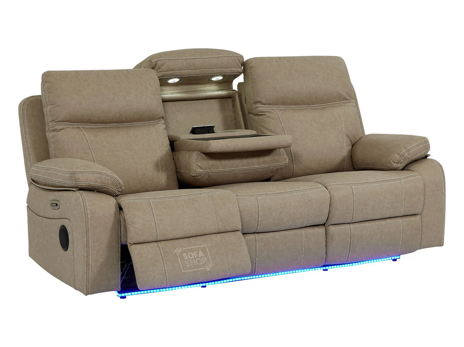 3 Seater Recliner Cinema Sofa In Beige Resilience Fabric With White Stitching, Power Headrests, Drop Down Table & USB Ports - Vinsonova