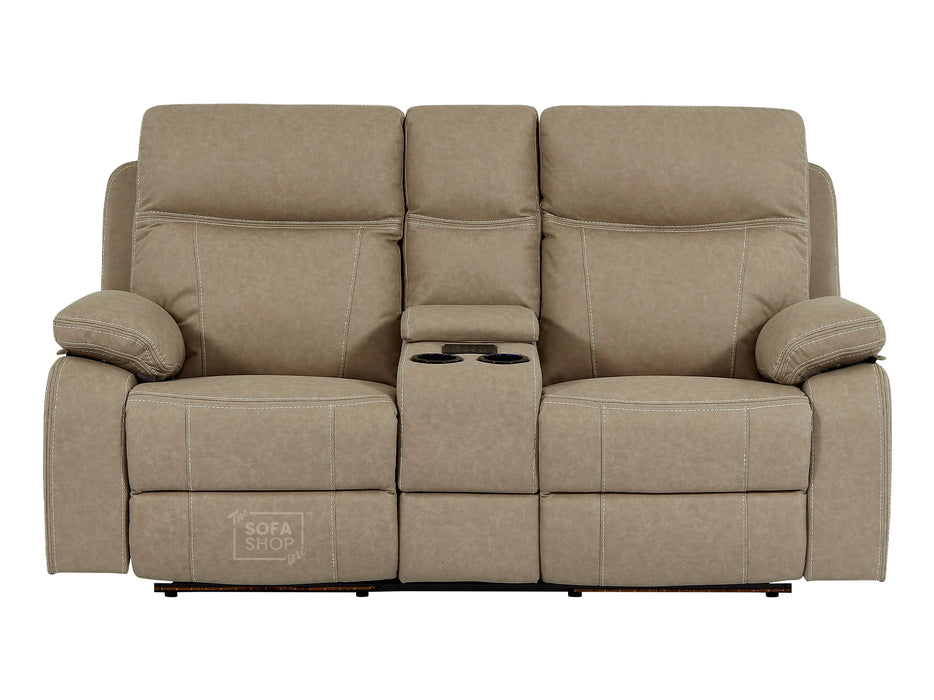 2 1 Electric Recliner Sofa Set Inc Chair In Beige Resilience Fabric With White Stitching, USB Ports, Console & Wireless Charger - 2 Piece Cinema Sofa Set - Vinsonova