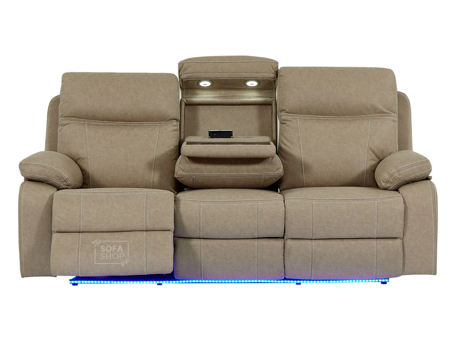 3+1 Electric Recliner Sofa Set Inc Chair In Beige Resilience Fabric With White Stitching, USB Ports, Power Headrest & Drop Down Table. 2 Piece Cinema Sofa Set - Vinsonova