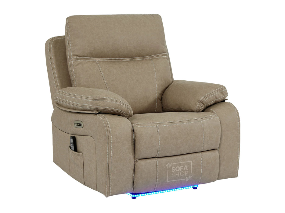 3+1 Electric Recliner Sofa Set Inc Chair In Beige Resilience Fabric With White Stitching, USB Ports, Power Headrest & Drop Down Table. 2 Piece Cinema Sofa Set - Vinsonova