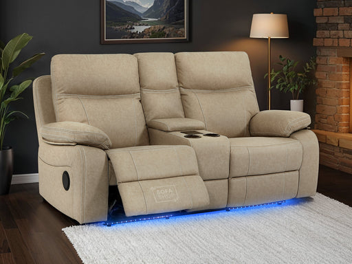 2 Seater Recliner Cinema Sofa In Beige Resilience Fabric With White Stitching, Power Headrest, Speaker, Chilled Cup Holders & Storage Box - Vinsonova