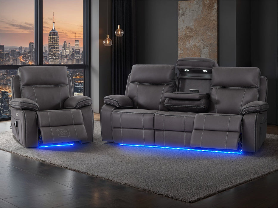 3+1 Electric Recliner Sofa Set Inc Chair In Grey Resilience Fabric With Usb Ports, Power Headrest & Drop Down Table. 2 Piece Cinema Sofa Set - Vinsonova